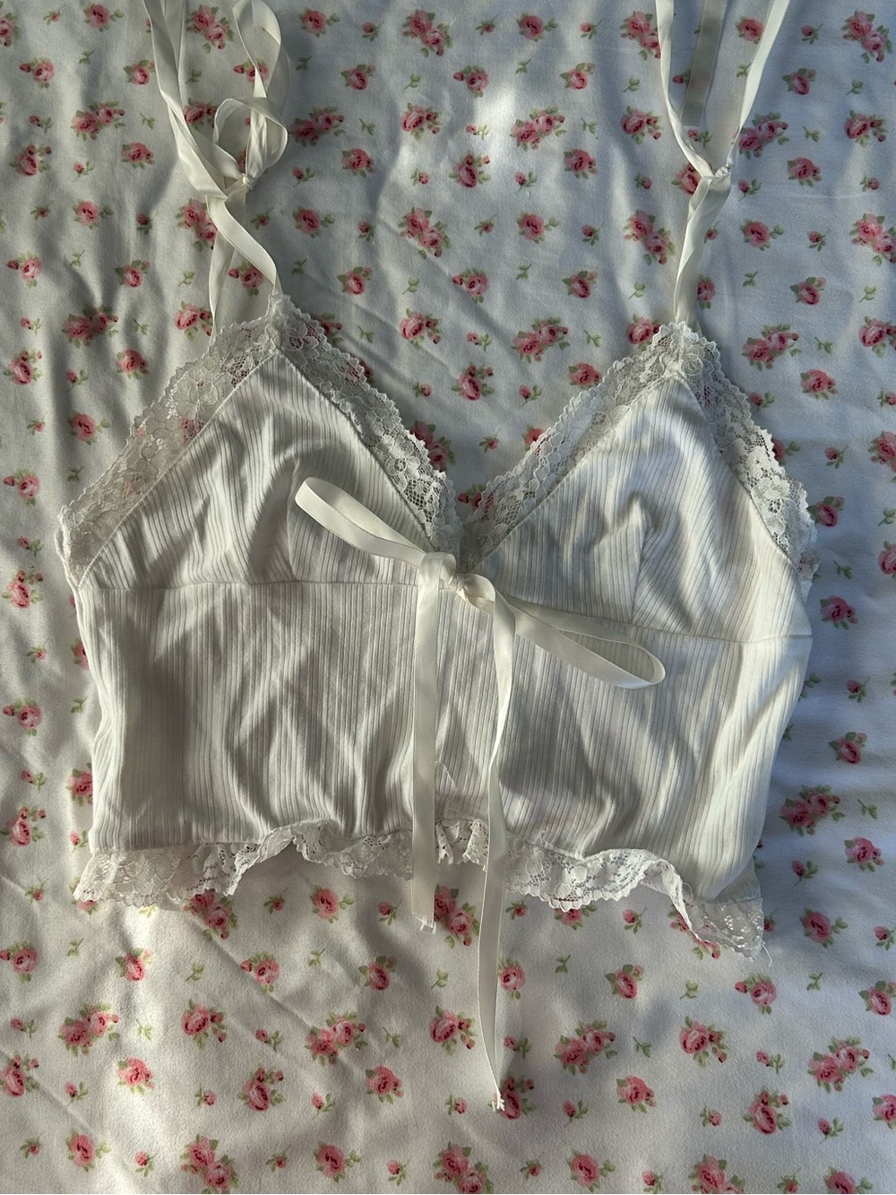 White Lace-Trim Crop Top with Bow Accent
